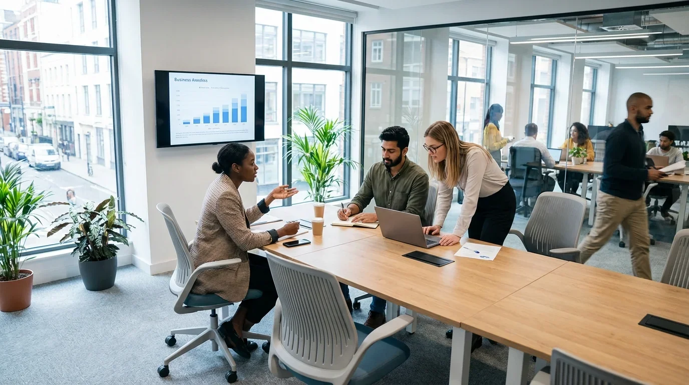 A modern office setting with diverse professionals collaborating over business analytics, reflecting teamwork and practical learning in business studies.