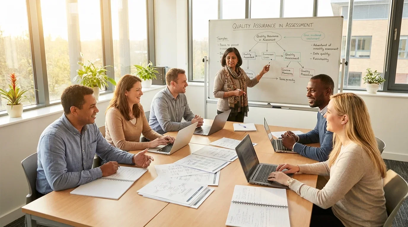 A diverse group of six professionals engaged in a training session on quality assurance, collaborating around laptops and discussing concepts on a whiteboard.
