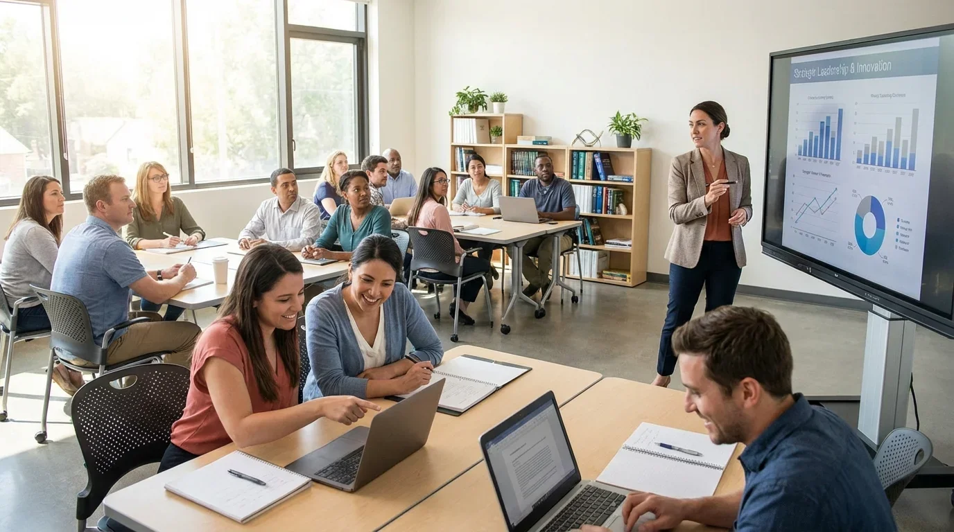 A diverse group of students engages in a classroom setting, focusing on a presentation about strategic leadership and innovation.