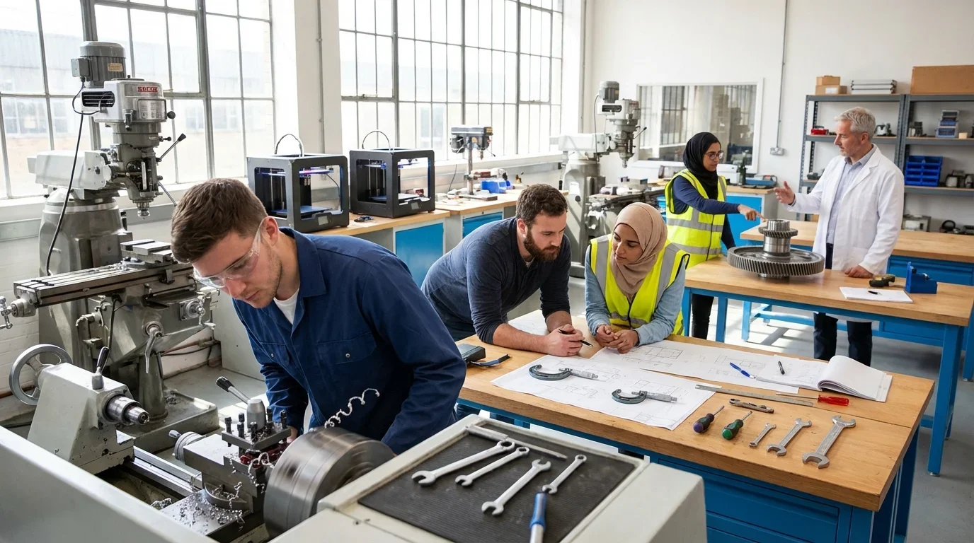Students collaborate in a bright engineering workshop, using machinery and tools, emphasizing hands-on learning for the OTHM Level 3 Foundation Diploma in Engi…