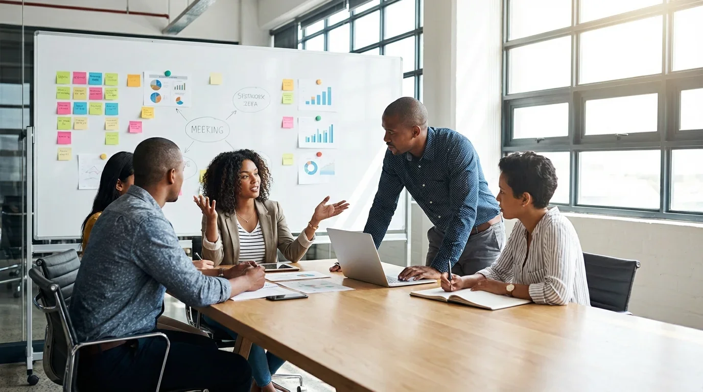 A diverse group of professionals engages in a collaborative meeting, discussing equality and inclusion strategies with charts and notes in view.