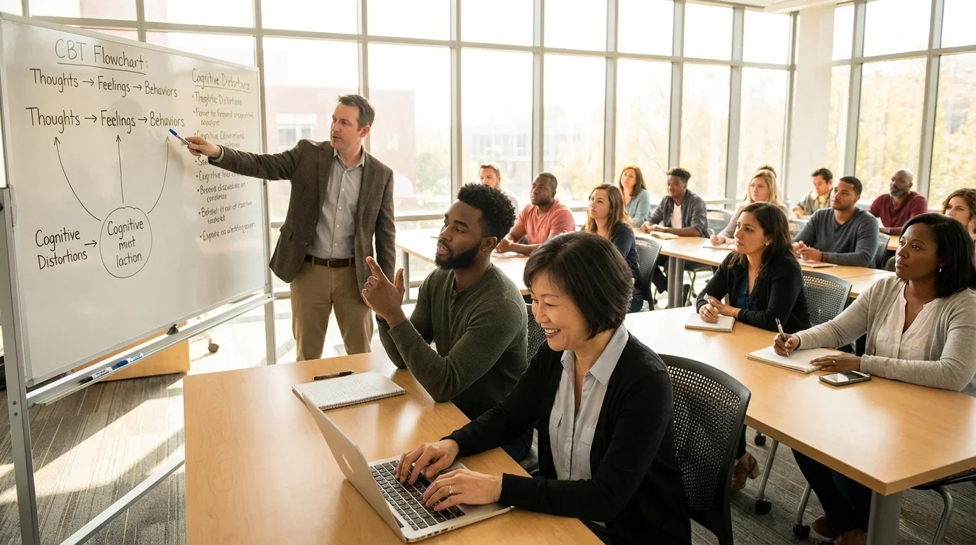 A diverse group of students attentively engages in a psychology class, with a teacher explaining cognitive behavioral therapy concepts on a whiteboard.